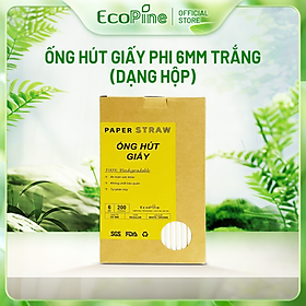 Hộp 200 ống hút giấy phi 6mm màu trắng ECOPINE - Dùng cho cafe, nước ngọt, nước ép