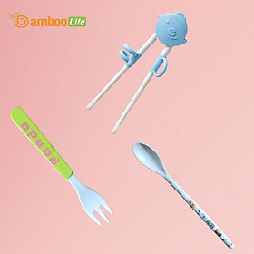 Bộ đũa tập ăn cho bé xỏ ngón, thìa muỗng nĩa ăn dặm cho bé từ bộ ngô Bamboo Life hàng chính hãng Dụng cụ tập ăn cho bé