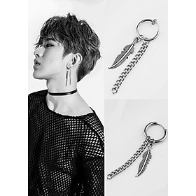 Khuyên tai unisex, hình xích lá, titan không gỉ, không dị ứng, bông tai nam