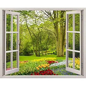 Tranh dán tường cửa sổ 3D cảnh vườn hoa đẹp 0098