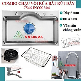 Mua Chậu rửa bát 1 hố inox304 bán nguyệt ĐÚC dày 5li vân sần chống xước 7546 Valenza kèm vòi rửa bát rút dây nóng lạnh 01  bộ xả to ngăn mùi  khay inox kín  rổ inox lỗ  bình rửa bát  rửa ly cốc