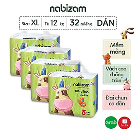 COMBO 4 Bịch Tã/Bỉm Dán NABIZAM UltraThin Nội Địa Hàn Cao Cấp Size XL Cho Bé Trên 12kg, 32 Miếng