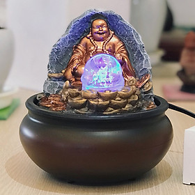 Thác nước phong thủy để bàn tiểu cảnh di lặc tặng kèm máy bơm và quả cầu thủy tinh