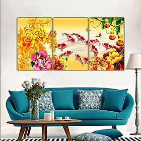 Bộ tranh phòng ngủ 3 tấm- cửu ngư quần hội - Tranh in cán pvc gương / lụa kim sa: 2476L10