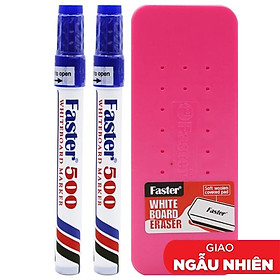 Vỉ 2 Bút Lông Bảng Faster 500 Mực Xanh + Đồ Bôi Bảng - Faster WBE-F-SET6-2BL (Mẫu Màu Giao Ngẫu Nhiên)