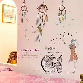 Decal dán tường combo 2 tranh lưới giấc mơ ( Dreamcatcher ) + cô gái và xe đạp