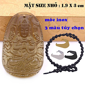 Mặt Phật Quan âm nghìn tay nghìn mắt đá obsidian ( thạch anh khói ) 1.9cm x 3cm (size nhỏ) kèm vòng cổ hạt chuỗi đá đen + móc inox vàng, Mặt Phật Quan âm