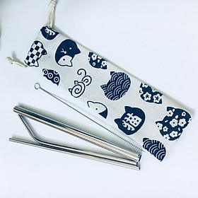 Combo 3 ống hút inox uống trà sữa và sinh tố - Tặng túi vải & cọ vệ sinh