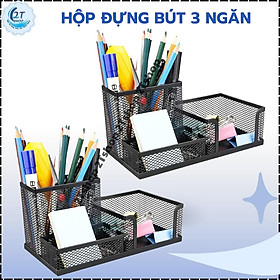 Hộp Đựng Bút  3 Ngăn, Khay Đựng Bút Để Bàn Thiết Kế Bằng Kim Loại Màu Đen Nhỏ Gọn