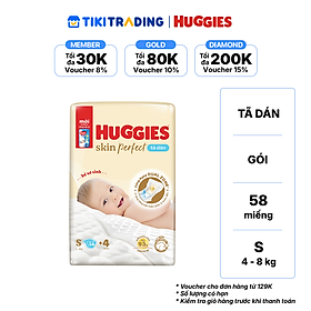 Tã/bỉm dán sơ sinh Huggies Skin Perfect S 54+4 miếng với 2 vùng thấm giảm kích ứng da
