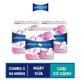 Combo 3 Băng Vệ Sinh Whisper SkinLove Siêu Mỏng Có Cánh Ngày Vừa 24cm (Gói 18 Miếng)