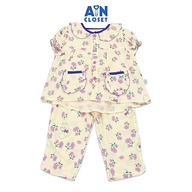 Bộ quần áo dài tay ngắn bé gái họa tiết Mèo Hoa Tím xô muslin - AICDBG0MRENZ - AIN Closet