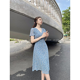 Váy đầm voan hoa nhí thiết kế nút ngọc cổ V phong cách thiểu thư vintage Lovi