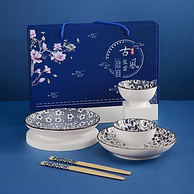 Mua Quà Tặng - Bộ 6 Món Chén (Bát) Cơm  Đĩa  Đũa Phong Cách Nhật Bản Sang Trọng Hoa Văn Sắc Xưa Giả Cổ Dùng Làm Quà Tặng Tân Gia  Quà Biếu  Hoặc Dùng Sử Dụng Tại Nhà  Tiếp Khách