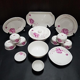 Set bát đĩa 14 món, men trắng ngà . Gốm sứ Bát Tràng