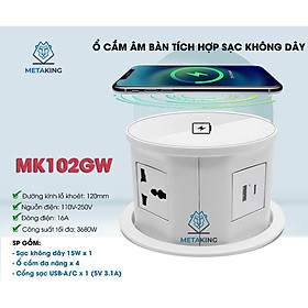 Ổ Cắm Điện Âm Bàn Tích Hợp Sạc Không Dây MK102GB 15W - 04 Cổng Cắm - 01 USB A/C - Mặt Kính Cường Lực