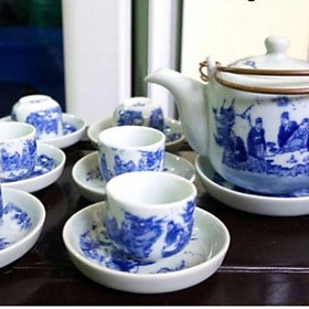 Mua BỘ ẤM CHÉN MEN NGỌC LAM VẼ TRÚC LÂM THẤT HIỀN