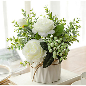 Hoa lụa, chậu hoa mẫu đơn điểm quả thảo để bàn trang trí quán cà phê, bàn làm việc sang trọng, lọ hoa decor phòng khách đẹp