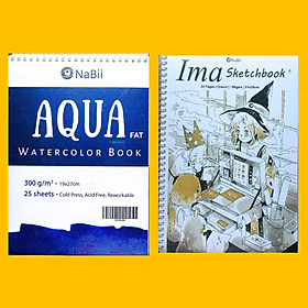 Combo Sổ vẽ màu nước chuyên nghiệp Nabii Aqua Fat A4 và Ima sketchbook vẽ phác thảo A4