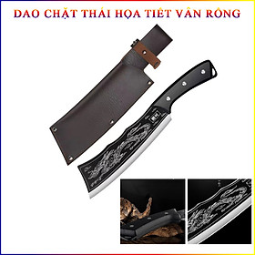 Dao Chặt Thái Hắc Long Chất Liệu Thép Mangan Khắc Laser Họa Tiết Vân Rồng 33cm Kèm Bao Da