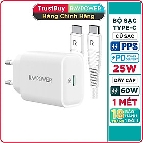 Combo Củ Sạc Nhanh Type-C PPS 25W RAVPower RP-PC156-W và Cáp Type-C To C 60W Dài 1M RP-CB047-W Dành Cho Điện Thoại Android, Cho Samsung, Cho Vivo, Cho Oppo, Cho Xiaomi Và Máy Tính Bảng - Hàng Chính Hãng