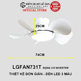 Quạt Trần Mini Gió Mạnh LÊ GIA LGFAN731T - Chiều Cao 25cm - Sải Cánh 74cm - Bảo Hành 5 Năm - Trắng