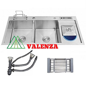 Chậu rửa chén bát inox sus304 Valenza 10048 có hộc cài dao thớt, bộ xiphong ống xả chống hôi, kèm rá rau củ inox đa năng