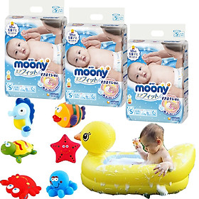 Combo 3 gói tã dán Moony cao cấp size NB90/S84/M64/XL44 tặng đồ chơi tắm Toys House và chậu tắm phao vịt vàng