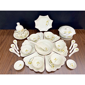 Mua BỘ BÁT ĐĨA MẶT TRỜI MEN KEM VẼ TAY 32 MÓN HOA SEN  ĐÀO.