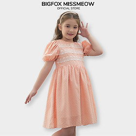 Váy hè cho bé gái Bigfox Miss Meow size đại, váy cộc tay màu cam vải thô boil Hàn phối ren kiểu công chúa 3,7,11 tuổi 30kg