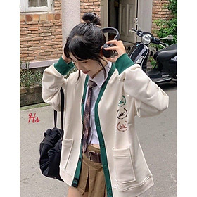 Áo khoác nỉ nữ kiểu dáng cardigan phối nút cổ tim in logo cực đẹp thích hợp mặc đi chơi đi học