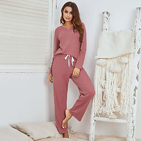 Women Pajamas Set V-Neck Long Sleeve Pullover T-shirt with Long Pants Solid Loungewear Sleepwear Home Wear