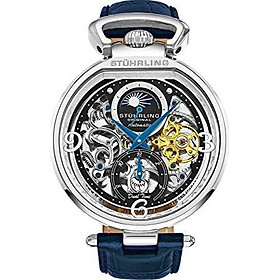Stührling Original Mens Skeleton Watch Dial Automatic Watch with Calfskin Leather Band and - Dual Time, AM/PM Sun Moon