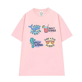 Cao cấp - Áo thun unisex Summer time cá voi cá ngựa với các hoạt tiết vui nhộn áo oversize BND200 - Hồng