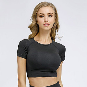 áo Crop Top Tập Yoga thể dục cho nữ nhanh khô thoáng khí, không cổ ngắn tay-Màu đen-Size