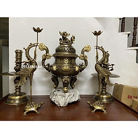 Mua Bộ đỉnh ngũ sự bằng đồng họa tiết hoa sòi cao 60cm