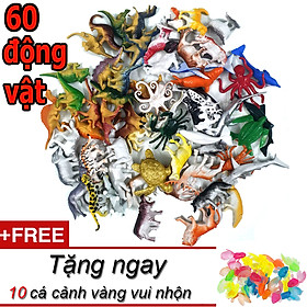 Bộ 60 động vật Animal World cho bé tặng kèm 10 cá cảnh nhiều màu trang trí bằng nhựa rất dễ thương