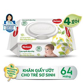 Combo 4 Gói Khăn giấy ướt cho trẻ sơ sinh Huggies không mùi, gói 64 tờ