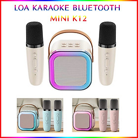 Loa Karaoke Bluetooth Mini K12 Có Đèn Led Kèm 2 Mic Không Dây Hát Hay