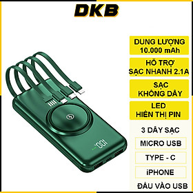 Pin Sạc Dự Phòng DKB 10000mAh YM-368 - Hỗ Trợ Sạc Nhanh - Tích Hợp Sạc Không Dây - Kèm 4 Đầu Dây S