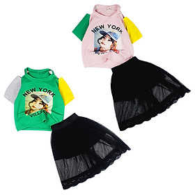 Set áo thun sành điệu và váy ren đen cho bé gái 5-9 tuổi từ 20 đến 30 kg 02264-02266