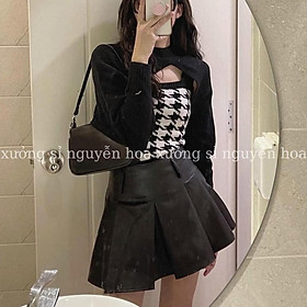 Set 2 món áo croptop len khoét kèm áo 2 dây len kẻ 3 màu đen xám be phong cách hàn quốc