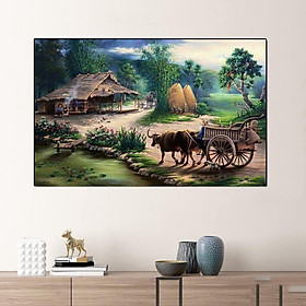 (HCM Tranh treo tường tráng gương cảnh làng quên Việt Nam yên bình kèm đinh treo