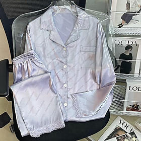 MS1067 Bộ Pyjama Nữ Lụa Satin, Bộ Quần Áo Dài Mặc Nhà Phối Ren Chữ 8905