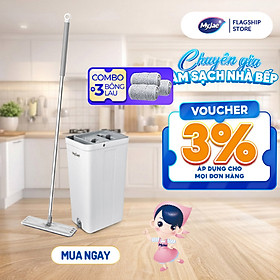 Combo 3 Bông Lau + 1 Bộ Lau Nhà MyJae Đài Loan Sợi Microfiber 2 Ngăn Tự Vắt Xoay 360 Độ Thông Minh 123cm