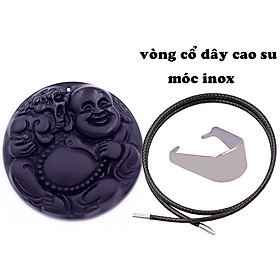 Mặt dây chuyền Phật Di lặc tròn đá đen 4.5 cm ( size lớn ) kèm vòng cổ dây cao su đen + móc inox trắng, mặt dây chuyền Phật cười