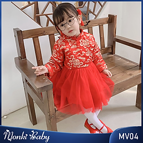 Váy gấm đỏ lót lông bé gái, chất dày dặn đẹp, họa tiết thêu nổi sang chảnh, lông lót mềm ấm, dáng bồng công chúa, có thể mặc sinh nhật, sự kiện, lễ Tết hay mẫu ảnh | MV04