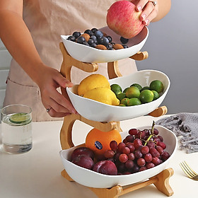 Mua Khay đựng hoa quả 3 tầng  bằng sứ  khung tre có màu trắng và xanh cổ vịt - khay đựng hoa quả giá rẻ mẫu mới 2021