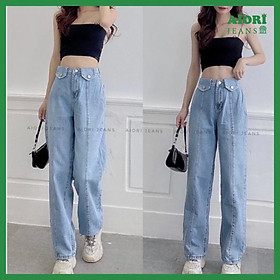 Quần Jeans Nữ, Quần Bò Nữ Aiori Ống Rộng Cạp Cao Nắp Túi Kiểu Bò Suông Phong Cách Thời Trang Hàn Quốc_3357