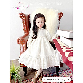 Váy bé gái dài tay, Đầm trắng cho bé 1-10 tuổi thêu hoa cổ viền vuông vải thô boil mềm mại kiểu dáng điệu đà